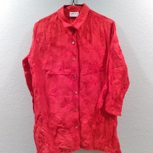 Chico's Design Red Embroidered 3/4 Sleeve Button Down Blouse Size 1 /Medium